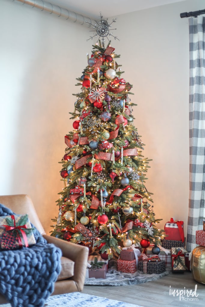 classically decorated Balsam Hill with blue red and gold accents