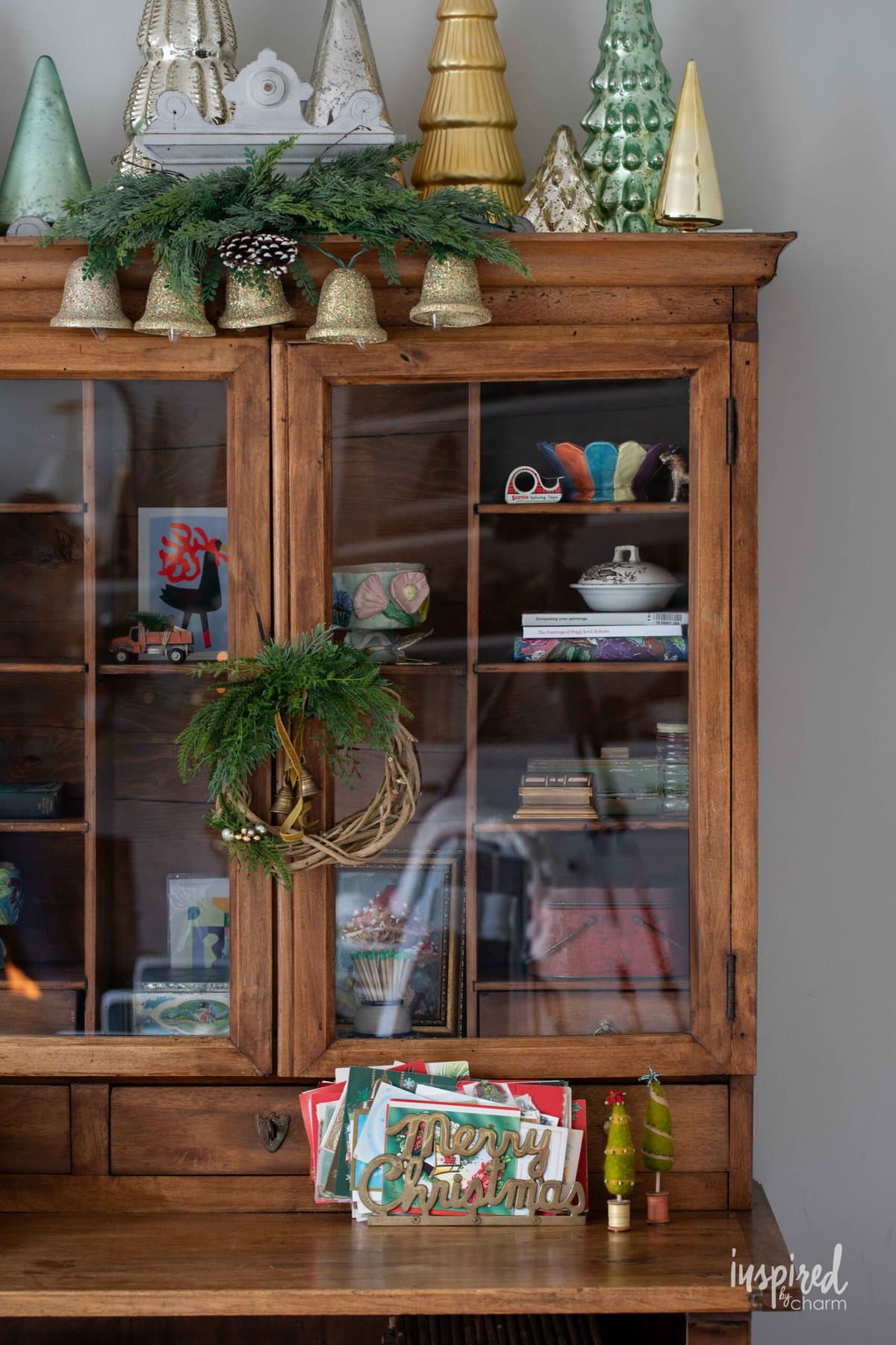 secretary desk with Christmas decor.
