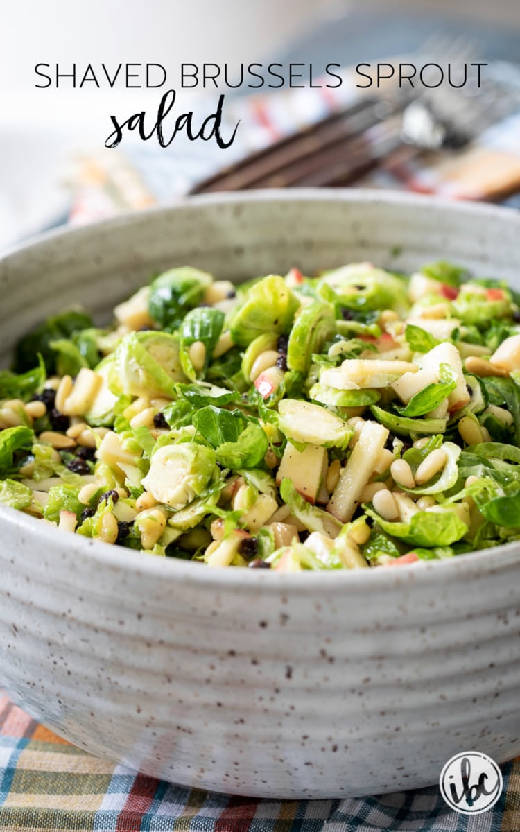 Shaved Brussels Sprout Salad in a large gray bowl.