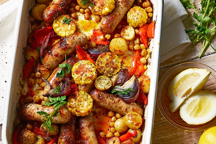 A sausage, chickpea and potato traybake