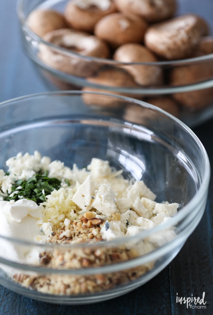 Walnut and Blue Cheese-Stuffed Mushrooms filling ingredients in a bowl. 