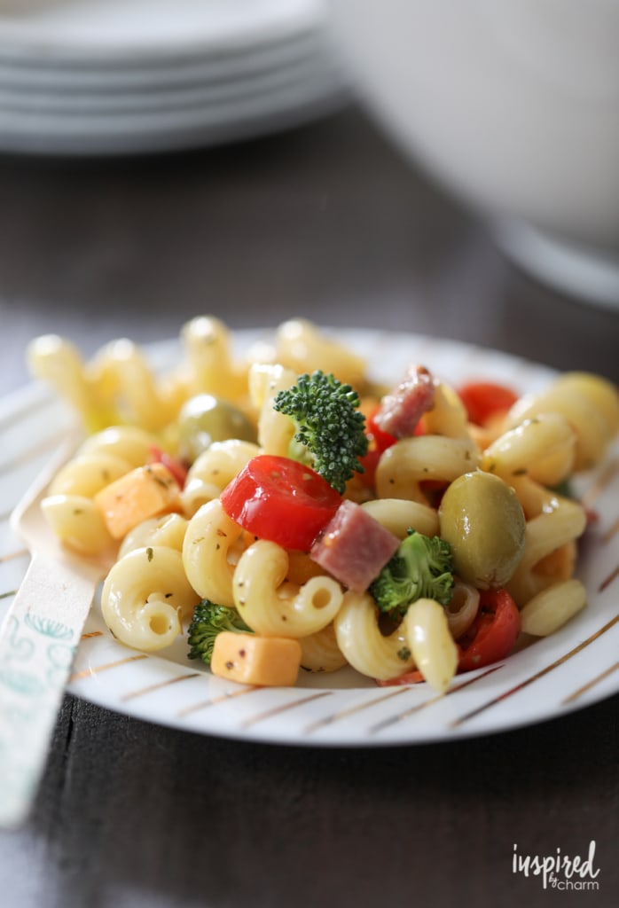 up close of pasta salad on a small plate.
