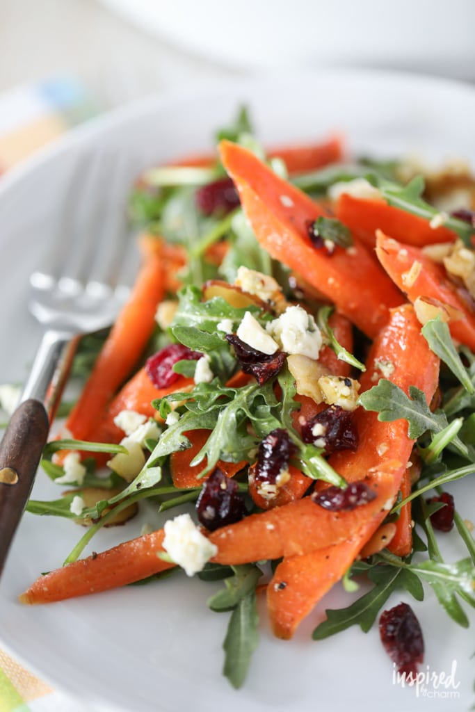 roasted carrot salad with arugula, blue cheese, and cranberries. 