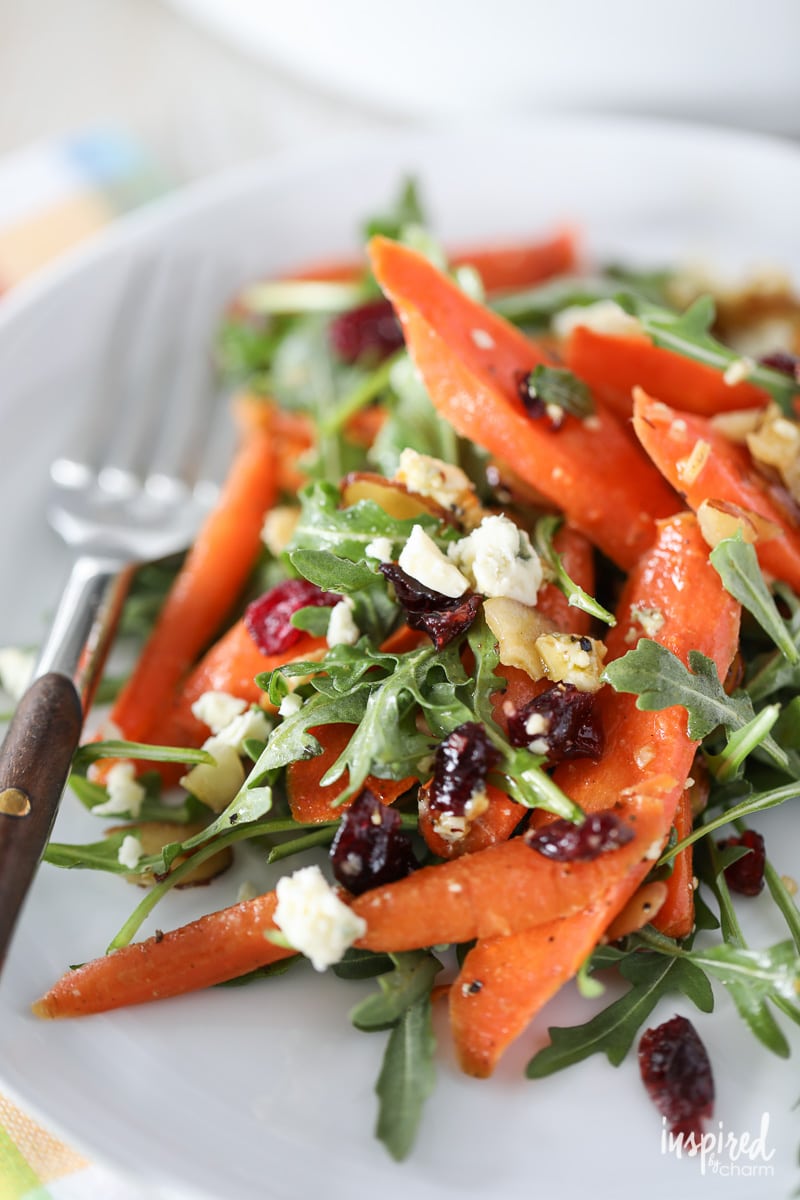 roasted carrot salad with blue cheese cranberries and almonds.