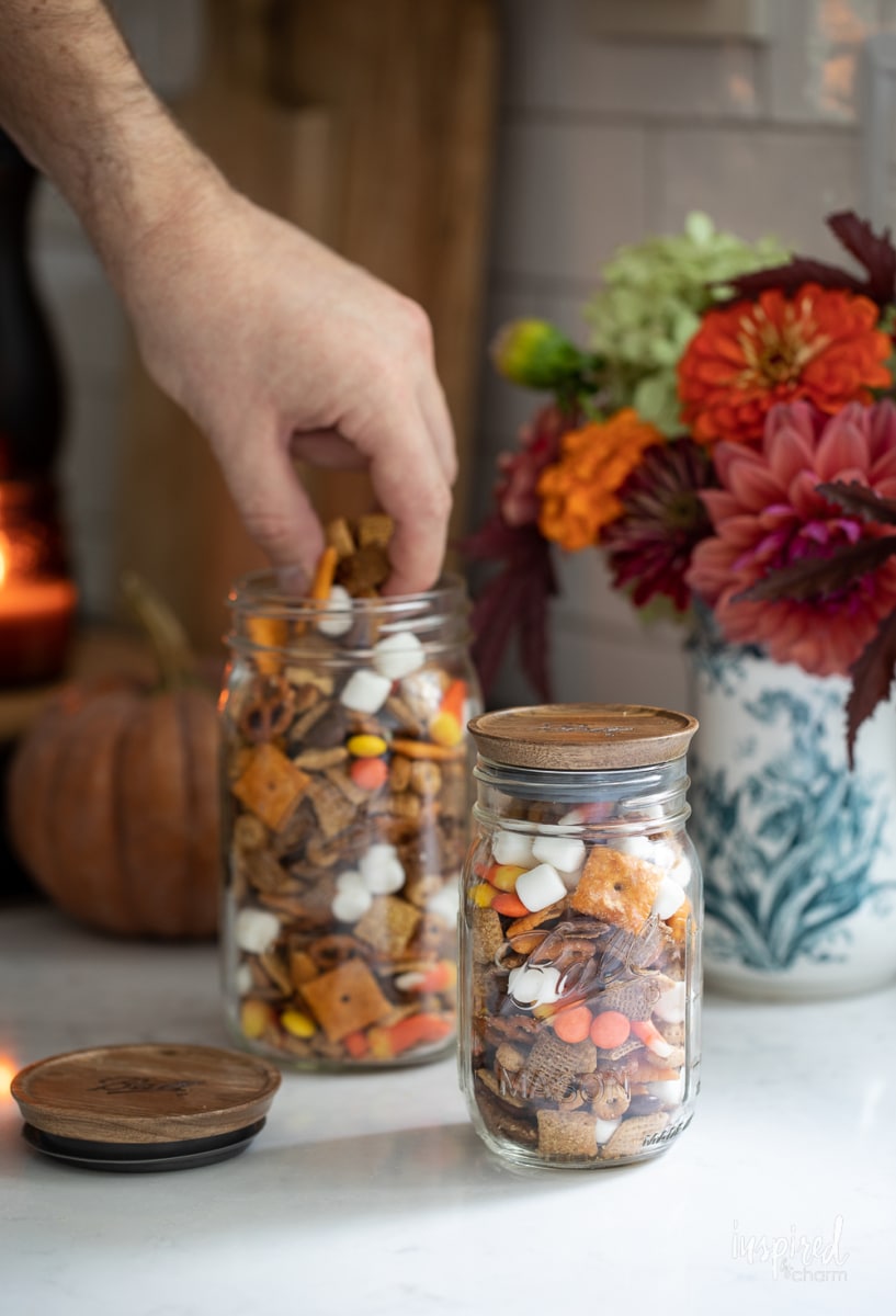 Sweet and Salty Fall Snack Mix in jars