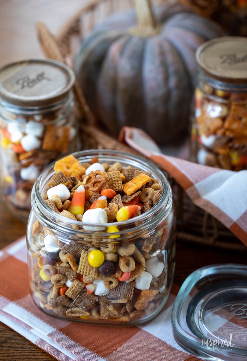 Sweet and Salty Fall Snack Mix in a jar.