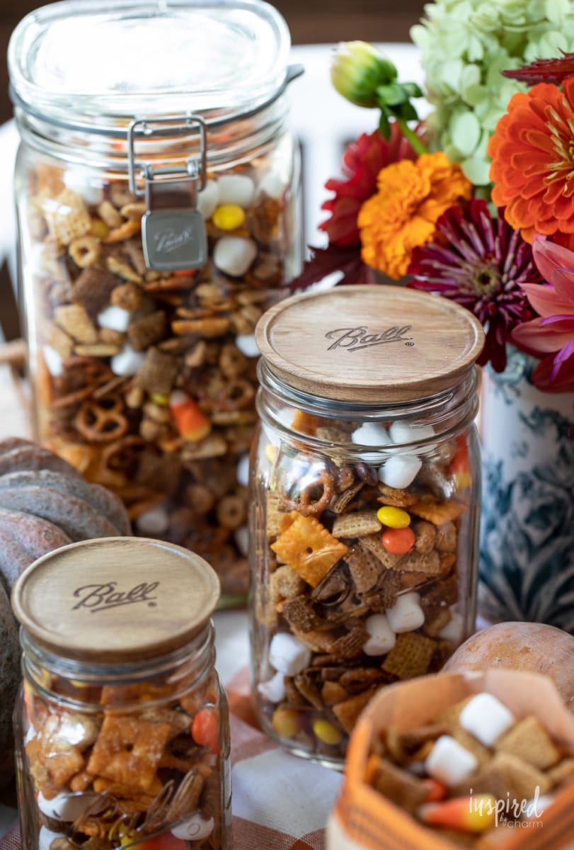 Sweet and Salty Fall Snack Mix in a jars.