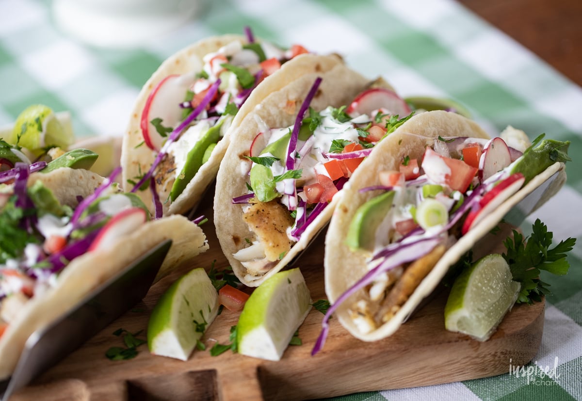 fish tacos on a cutting board
