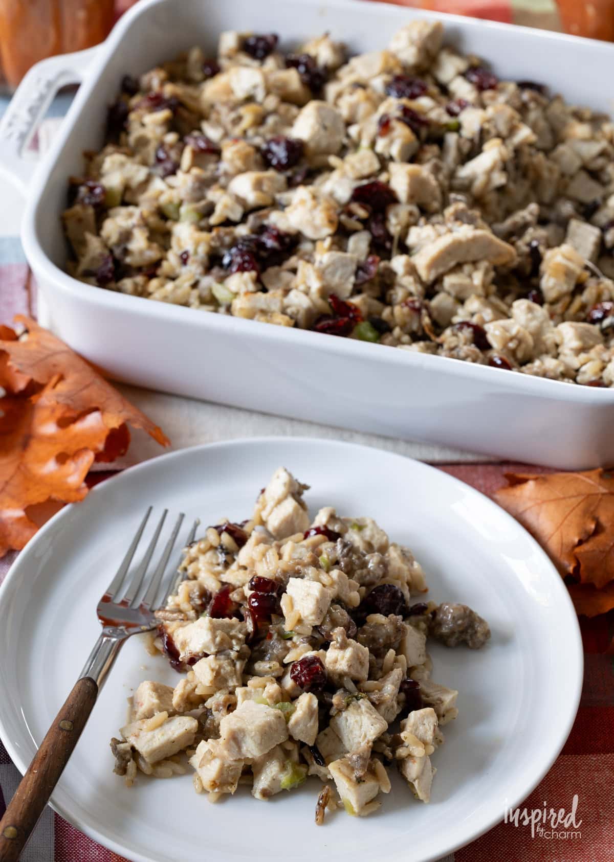 Turkey and Rice Casserole in a baking dish and served on a plate.