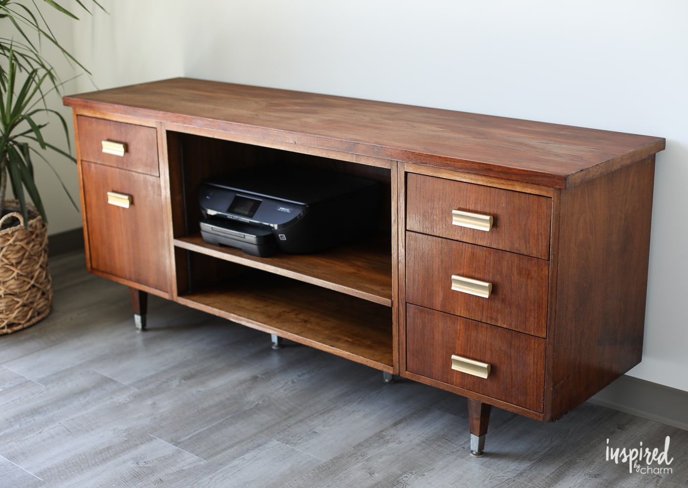 Tips for updating a thrifted mid-centruy sideboard with new drawer pulls. | Inspired by Charm