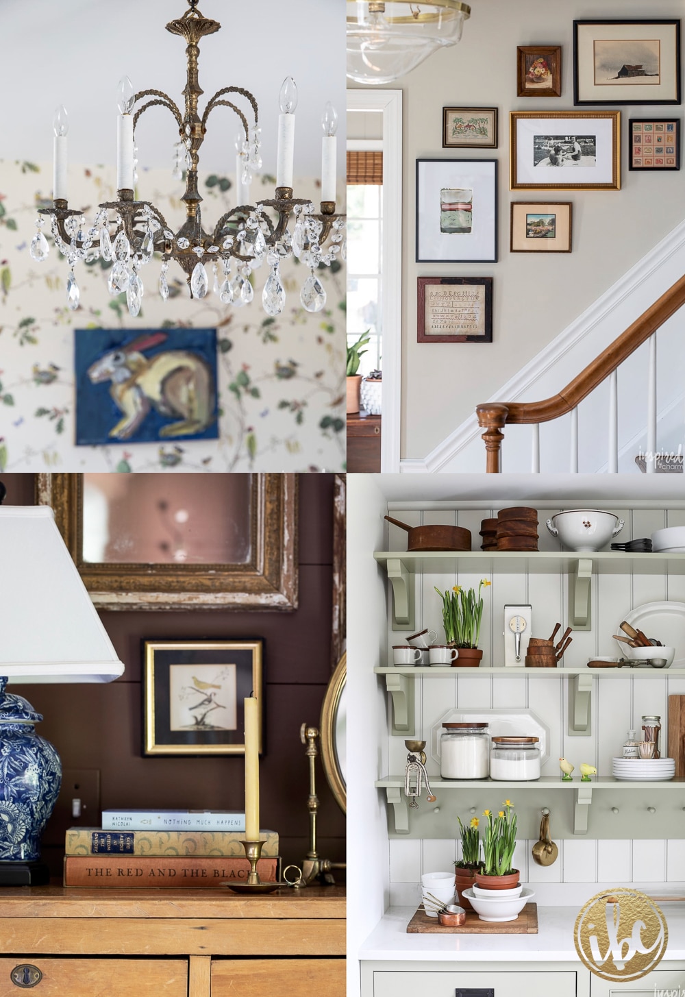 vintage and antique decorating pieces styled in a home.
