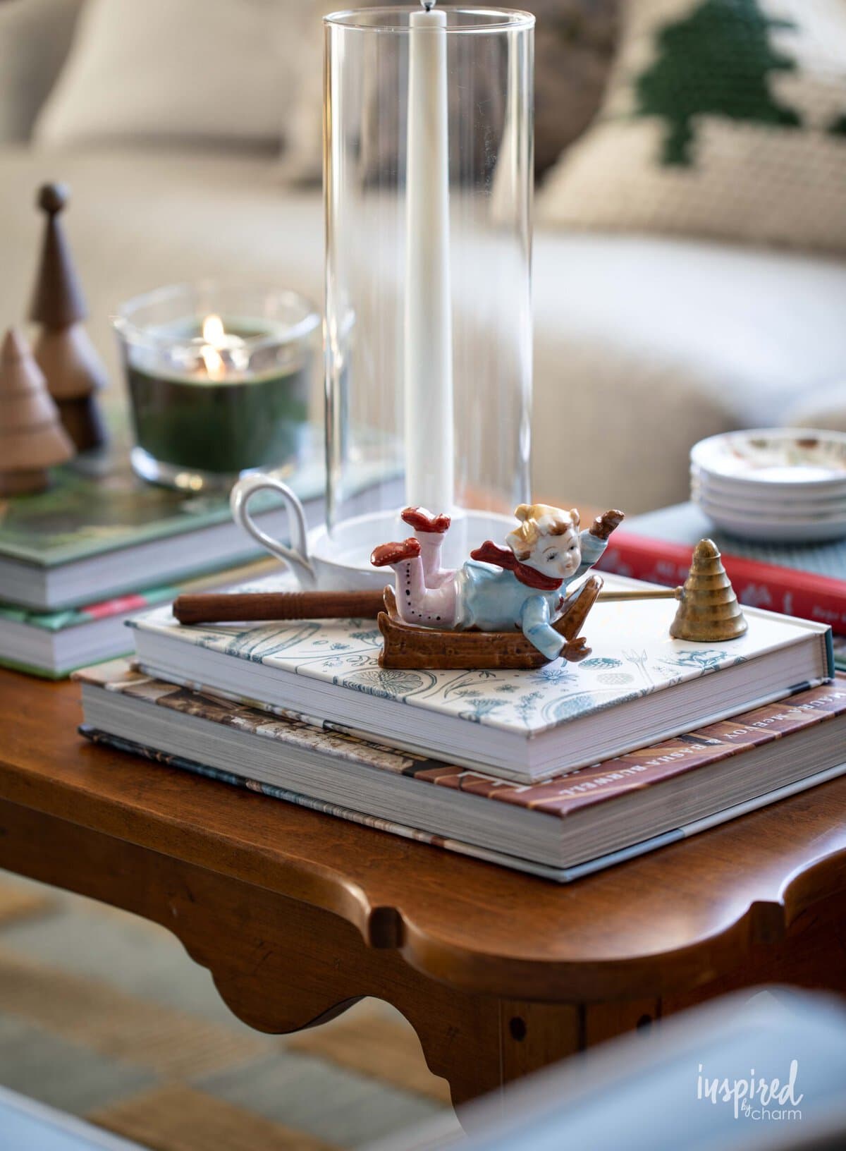 vintage details on coffee table with Christmas decor.