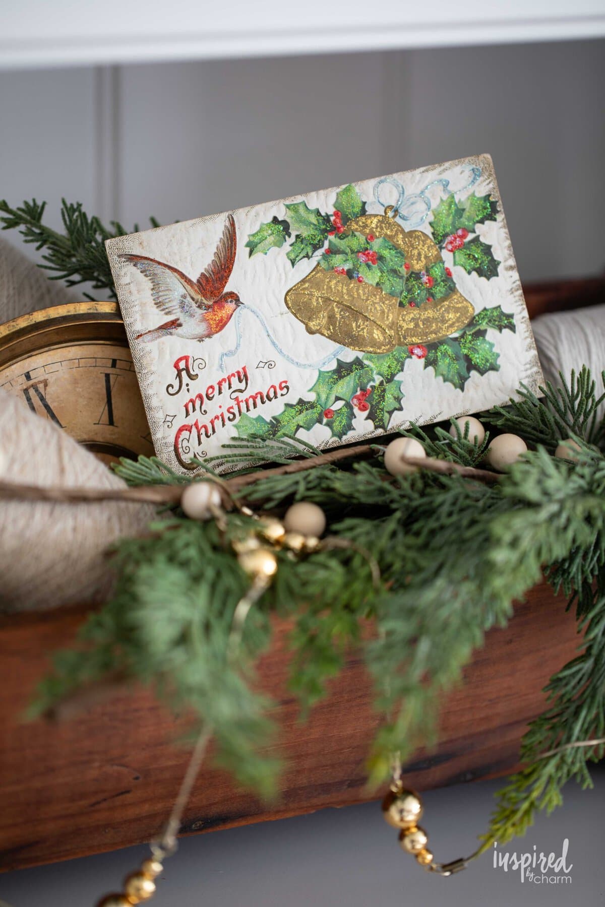 vintage christmas card in wood box.