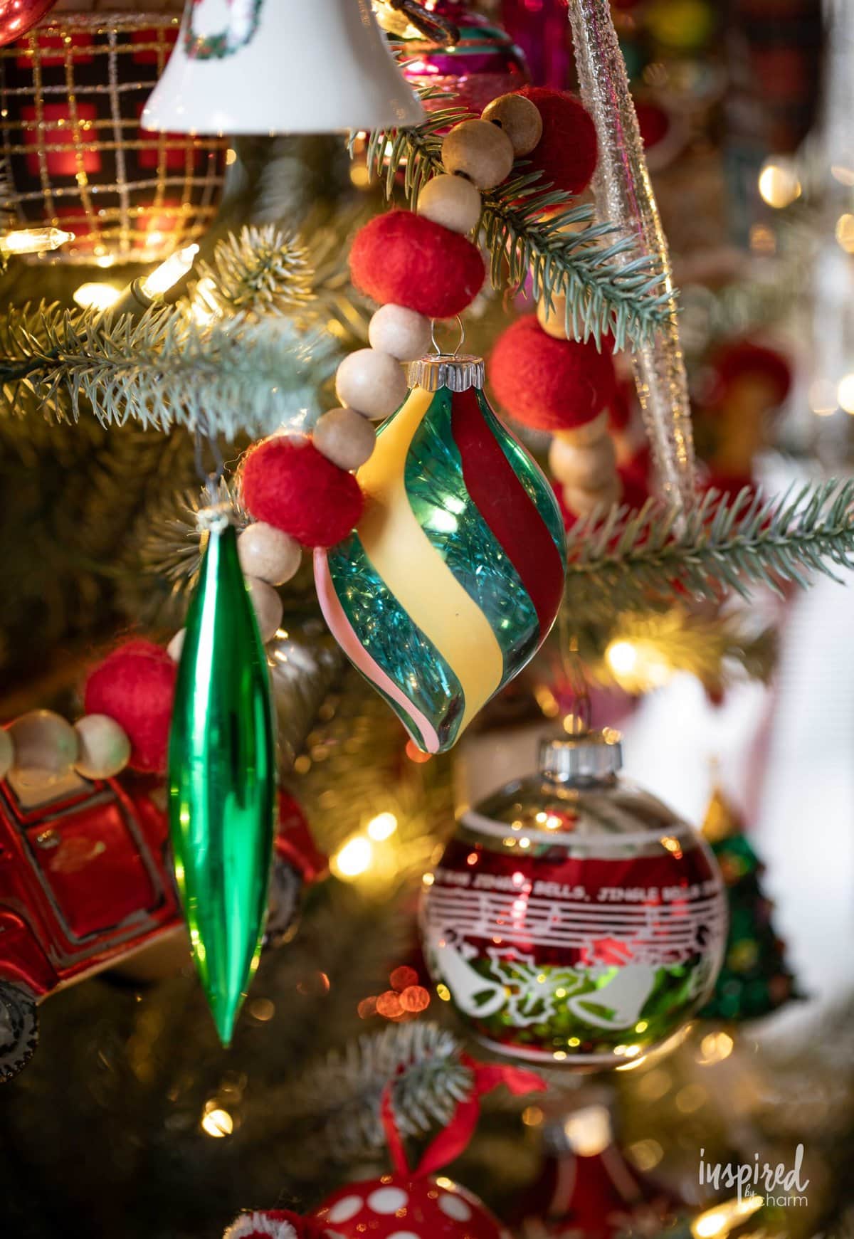 vintage ornaments on christmas tree.