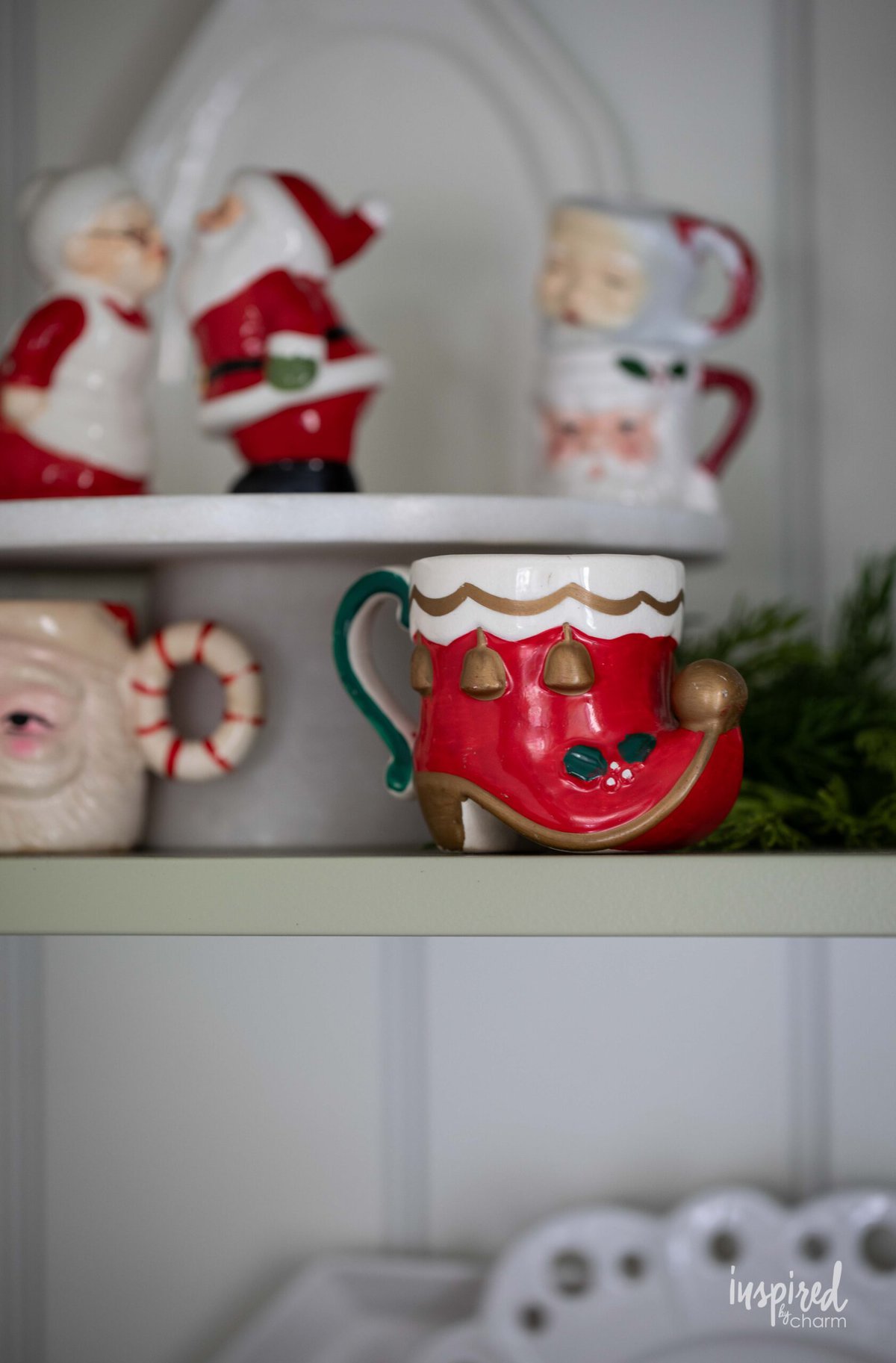 vintage elf boot mug and christmas decor.