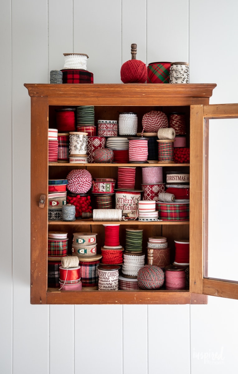 My Christmas Ribbon Cabinet #christmas #ribbon #wrapping #decor #decorations #holiday #christmasribbon 