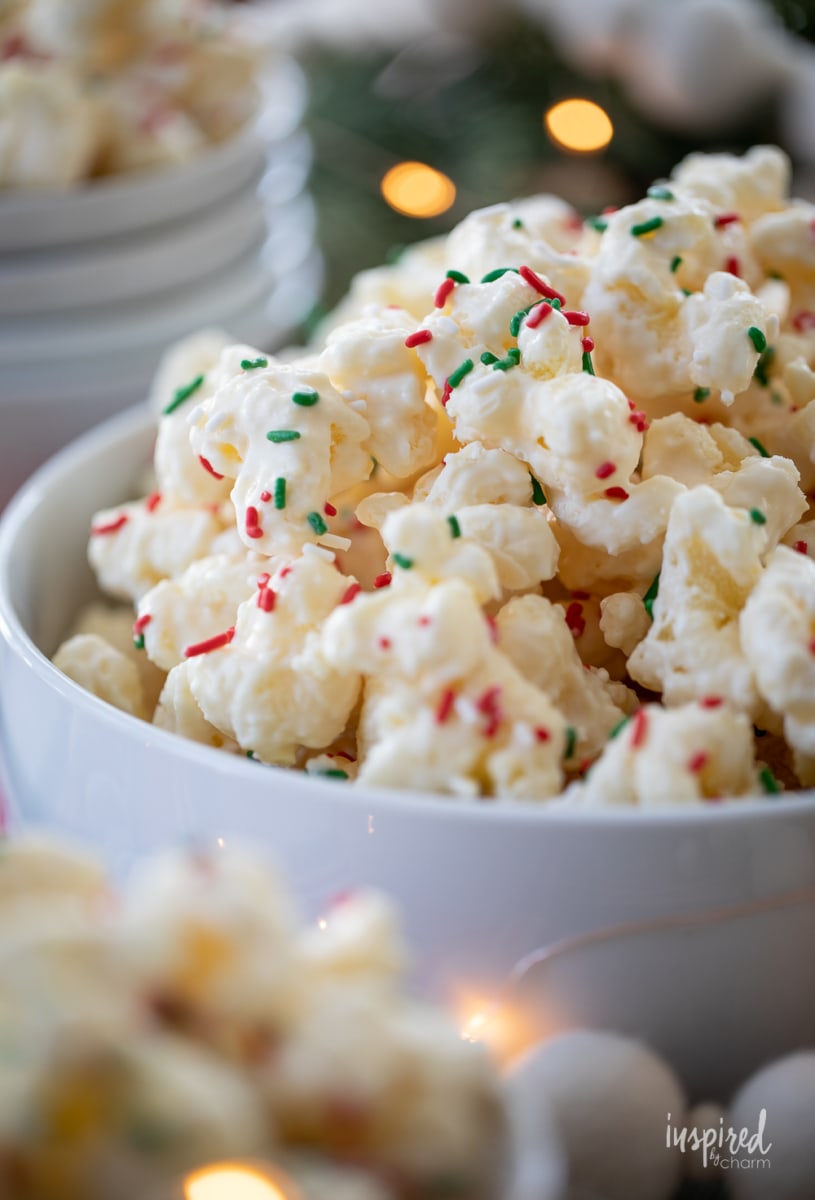 White Chocolate Puff Corn with sprinkles in a bowl.