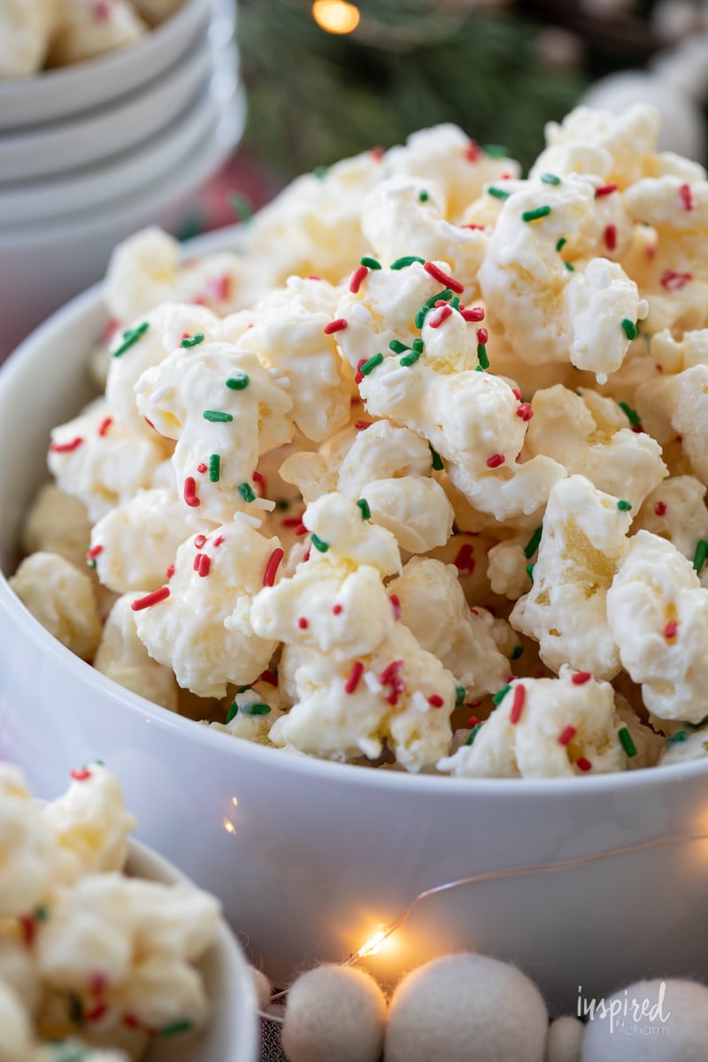 White Chocolate Puff Corn with sprinkles in a bowl.