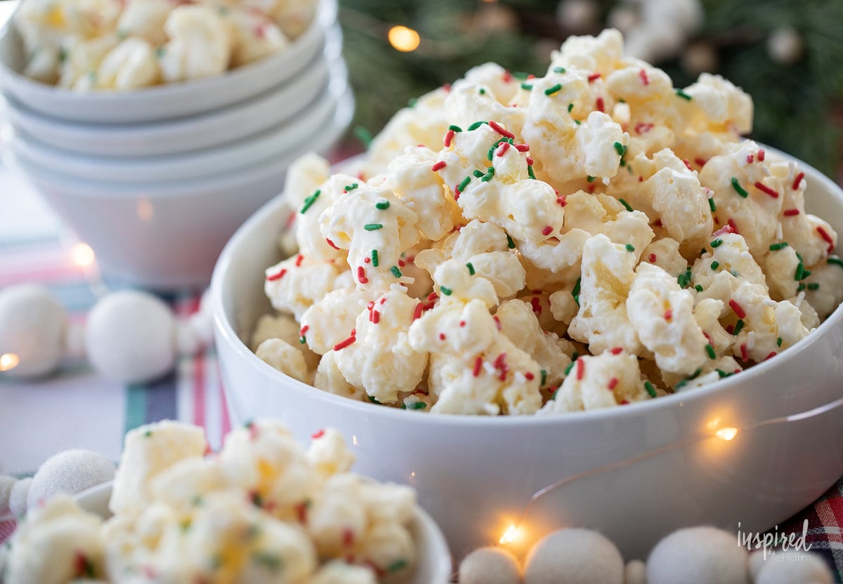 White Chocolate Puff Corn with sprinkles in a bowl.