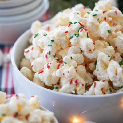 White Chocolate Puff Corn in a bowl.