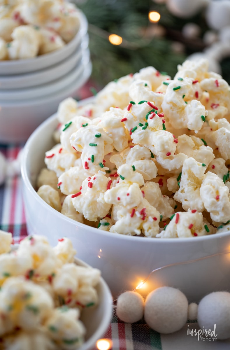 White Chocolate Puff Corn in a bowl. 
