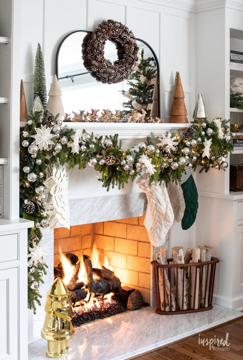 Winter Wonderland Christmas Mantel with stockings and paper snowflakes. 
